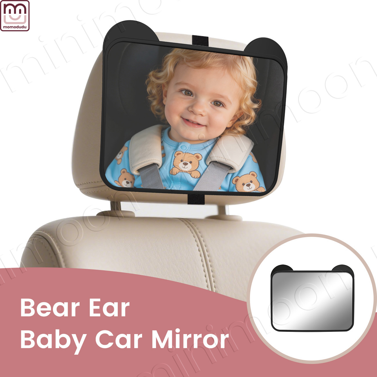 Baby Monitor Sensor - Cute Bear-Ear Car Seat Mirror, Adjustable